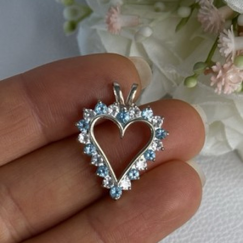 925 Sterling Silver Blue & White Topaz Heart Pendant Length 1 Inch