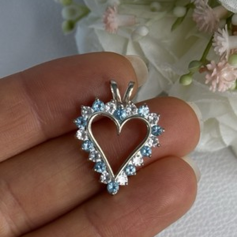 925 Sterling Silver Blue & White Topaz Heart Pendant Length 1 Inch