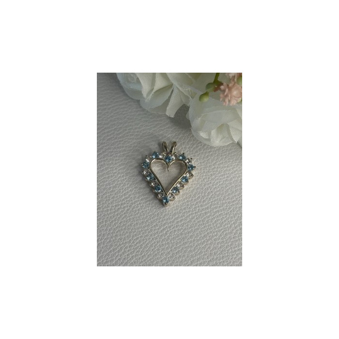 925 Sterling Silver Blue & White Topaz Heart Pendant Length 1 Inch