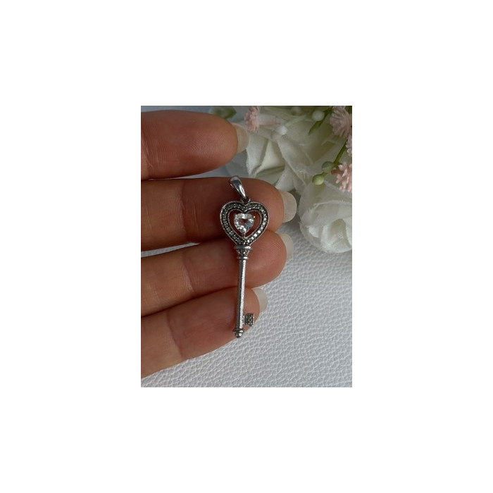 925 Sterling Silver Beryl Love Key Pendant Length 1.60 Inch