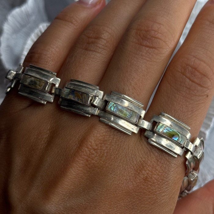 Vintage 925 Sterling Silver Abalone Bracelet Length 6.5