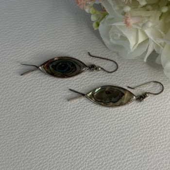 925 Sterling Silver Abalone Fish Earrings Length 2 Inch