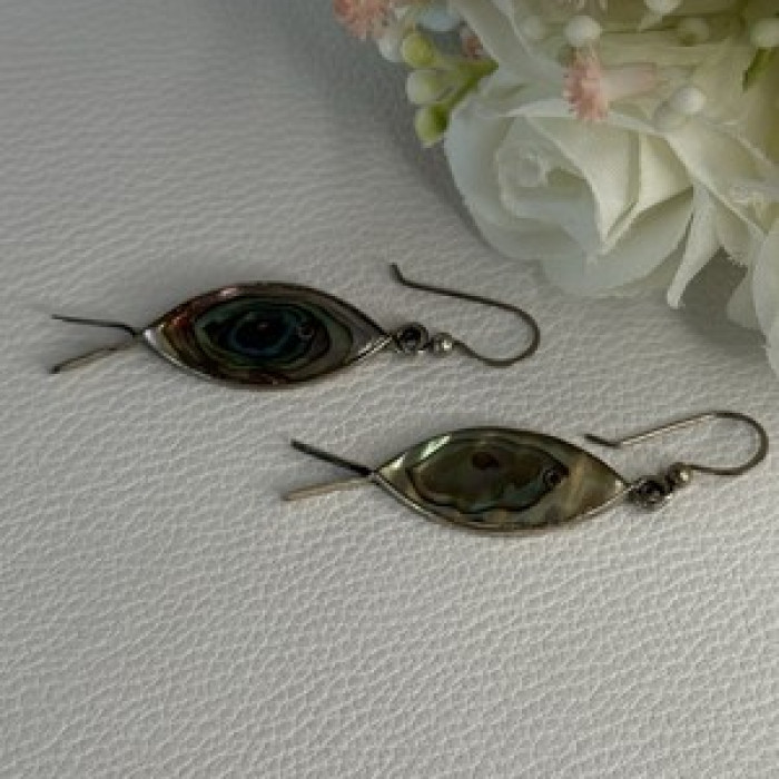 925 Sterling Silver Abalone Fish Earrings Length 2 Inch