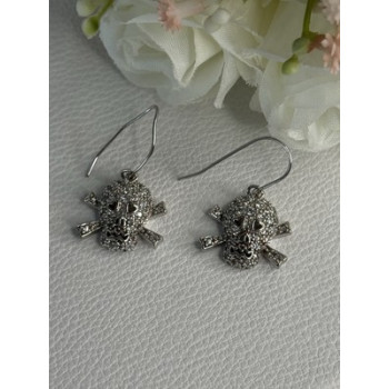 925 Sterling Silver Skull CZ Earrings Length 1.10 Inch