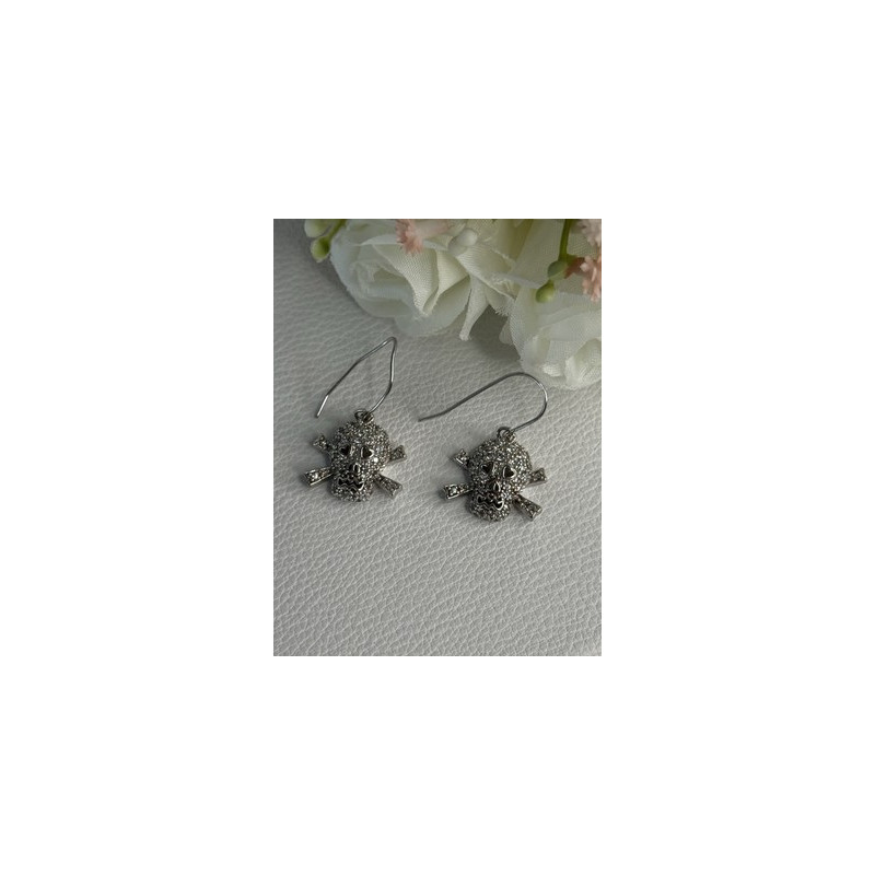 925 Sterling Silver Skull CZ Earrings Length 1.10 Inch