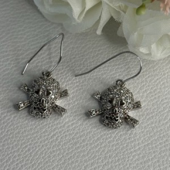 925 Sterling Silver Skull CZ Earrings Length 1.10 Inch