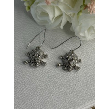 925 Sterling Silver Skull CZ Earrings Length 1.10 Inch