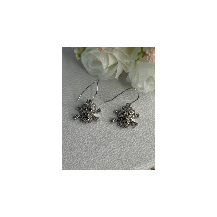 925 Sterling Silver Skull CZ Earrings Length 1.10 Inch