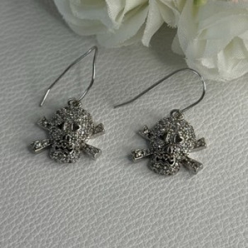 925 Sterling Silver Skull CZ Earrings Length 1.10 Inch