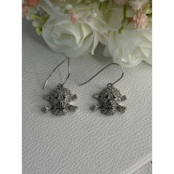 925 Sterling Silver Skull CZ Earrings Length 1.10 Inch