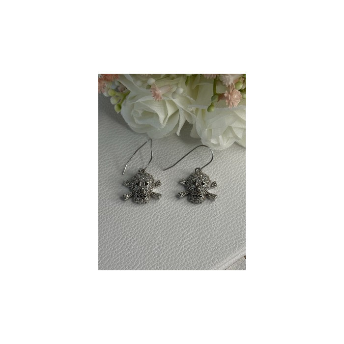 925 Sterling Silver Skull CZ Earrings Length 1.10 Inch