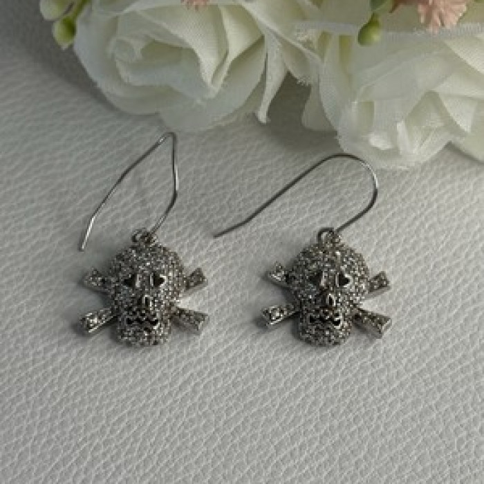 925 Sterling Silver Skull CZ Earrings Length 1.10 Inch