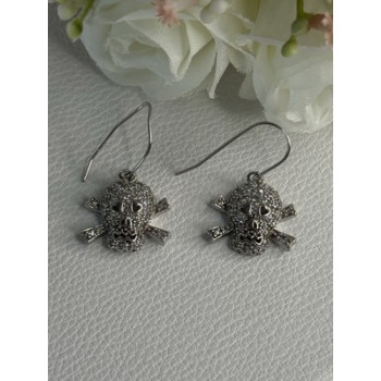 925 Sterling Silver Skull CZ Earrings Length 1.10 Inch