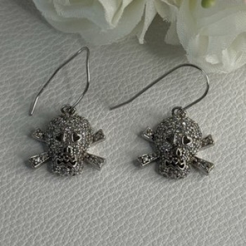 925 Sterling Silver Skull CZ Earrings Length 1.10 Inch