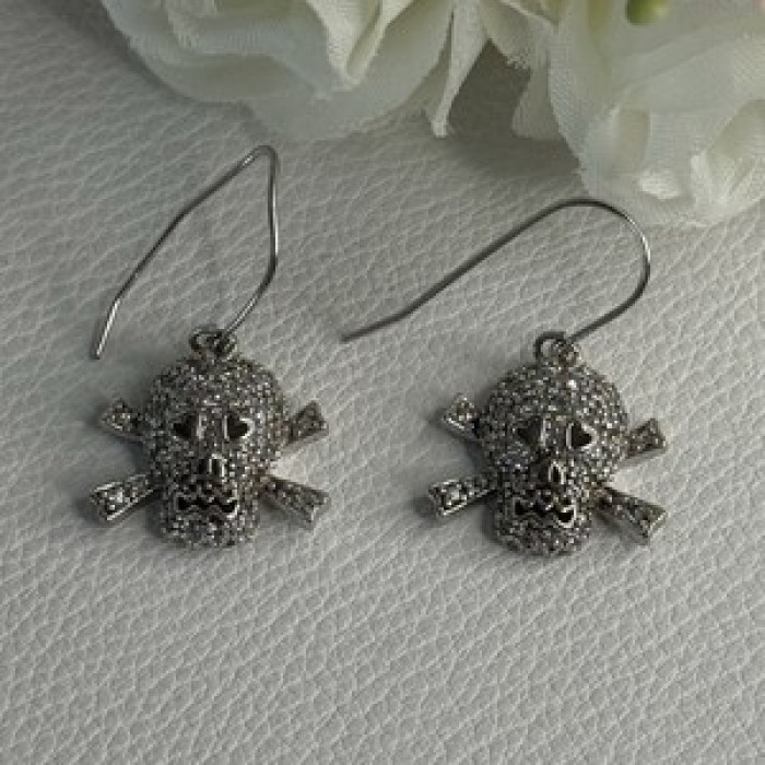 925 Sterling Silver Skull CZ Earrings Length 1.10 Inch