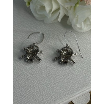 925 Sterling Silver Skull CZ Earrings Length 1.10 Inch