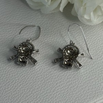 925 Sterling Silver Skull CZ Earrings Length 1.10 Inch