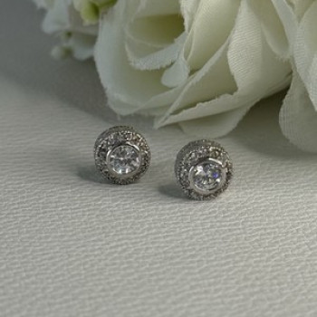 Shiny 925 Sterling Silver CZ Stud Earrings Length 0.30 Inch