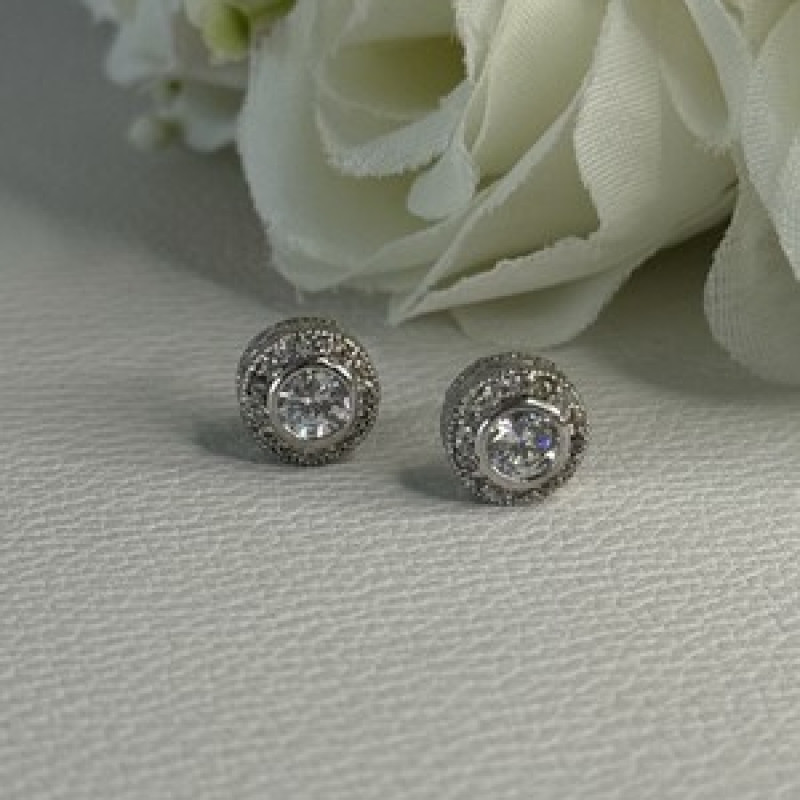Shiny 925 Sterling Silver CZ Stud Earrings Length 0.30 Inch