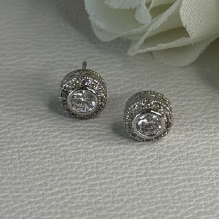 Shiny 925 Sterling Silver CZ Stud Earrings Length 0.30 Inch
