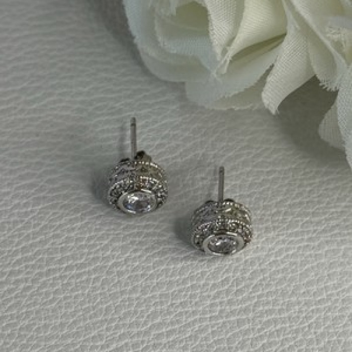 Shiny 925 Sterling Silver CZ Stud Earrings Length 0.30 Inch
