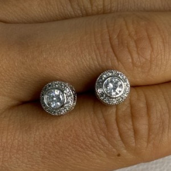 Shiny 925 Sterling Silver CZ Stud Earrings Length 0.30 Inch