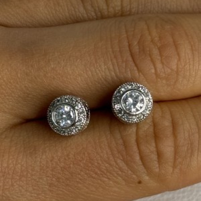 Shiny 925 Sterling Silver CZ Stud Earrings Length 0.30 Inch