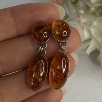 925 Sterling Silver Amber Earrings Length 1.50 Inch