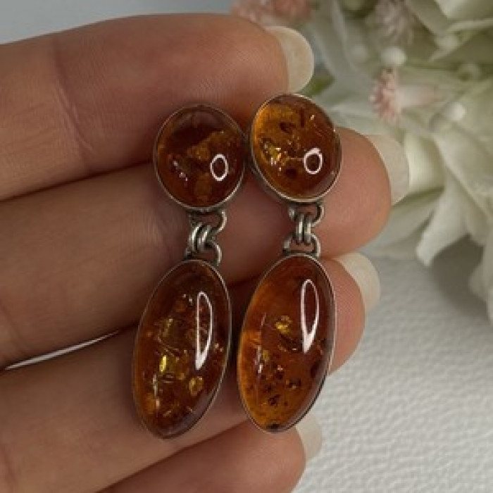 925 Sterling Silver Amber Earrings Length 1.50 Inch
