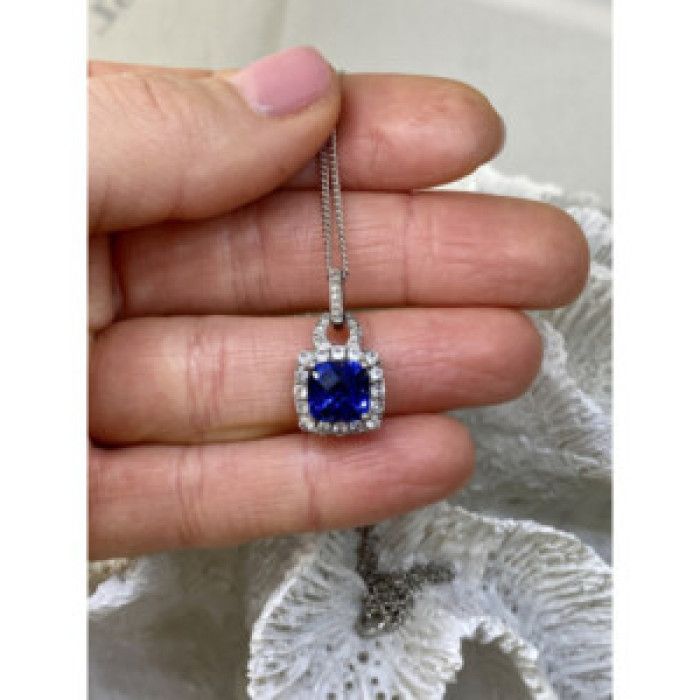 925 Sterling Silver Blue & White Sapphires Chain With Pendant