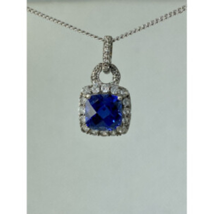 925 Sterling Silver Blue & White Sapphires Chain With Pendant