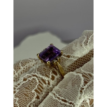 10K YELLOW GOLD AMETHYST & DIAMONDS RING SIZE 6.5