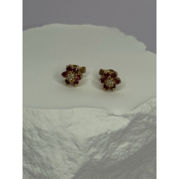 14K YELLOW GOLD RUBY & DIAMONDS FLOWER EARRINGS LENGTH 0.25 INCH