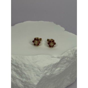 14K YELLOW GOLD RUBY & DIAMONDS FLOWER EARRINGS LENGTH 0.25 INCH