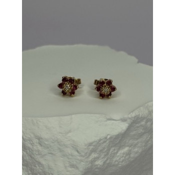 14K YELLOW GOLD RUBY & DIAMONDS FLOWER EARRINGS LENGTH 0.25 INCH