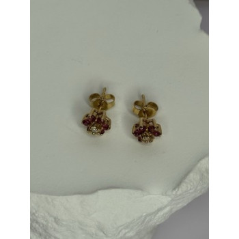 14K YELLOW GOLD RUBY & DIAMONDS FLOWER EARRINGS LENGTH 0.25 INCH