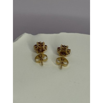 14K YELLOW GOLD RUBY & DIAMONDS FLOWER EARRINGS LENGTH 0.25 INCH