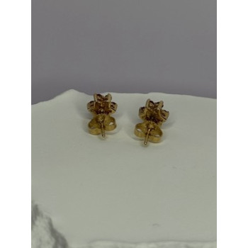 14K YELLOW GOLD RUBY & DIAMONDS FLOWER EARRINGS LENGTH 0.25 INCH