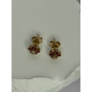 14K YELLOW GOLD RUBY & DIAMONDS FLOWER EARRINGS LENGTH 0.25 INCH