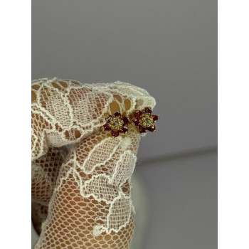 14K YELLOW GOLD RUBY & DIAMONDS FLOWER EARRINGS LENGTH 0.25 INCH