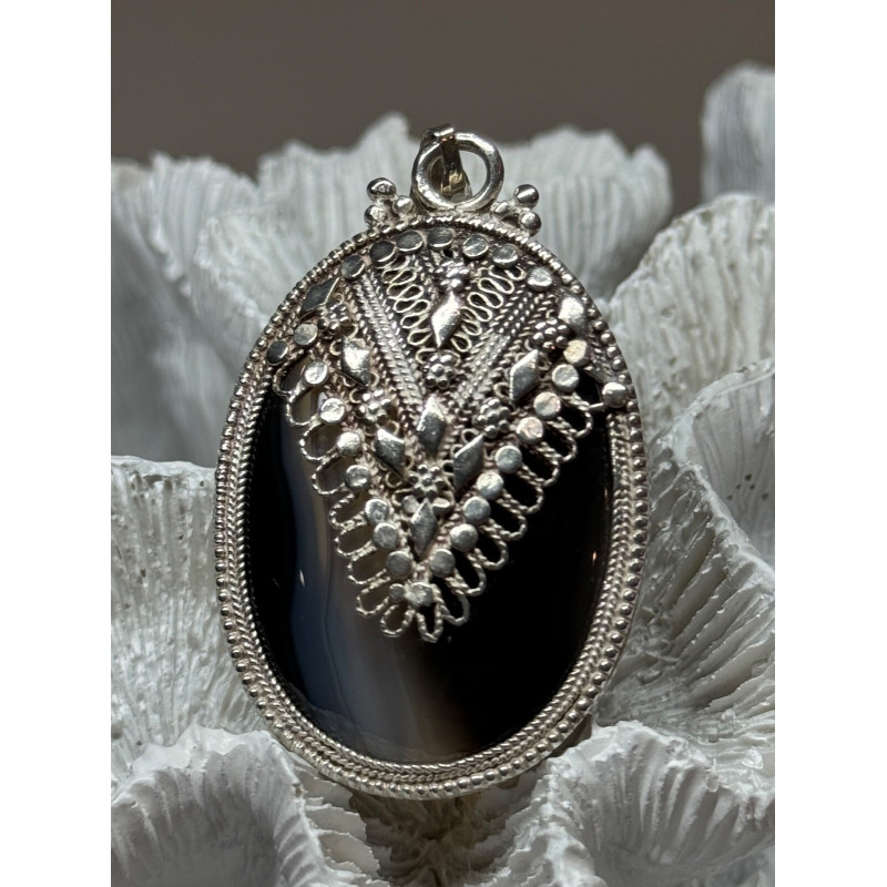 Vintage 925 Sterling Silver Agate Pendant Length 2.3 Inch