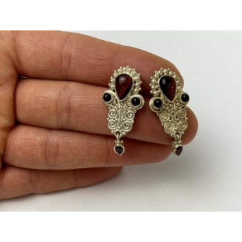 Vintage 925 Sterling Silver Garnet & Agate Earrings