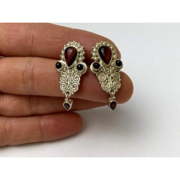 Vintage 925 Sterling Silver Garnet & Agate Earrings