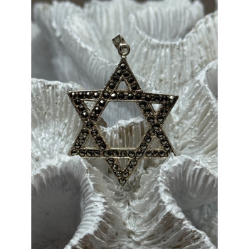 925 Sterling Silver Marcasite Star Of David Pendant Length 1.8 Inch