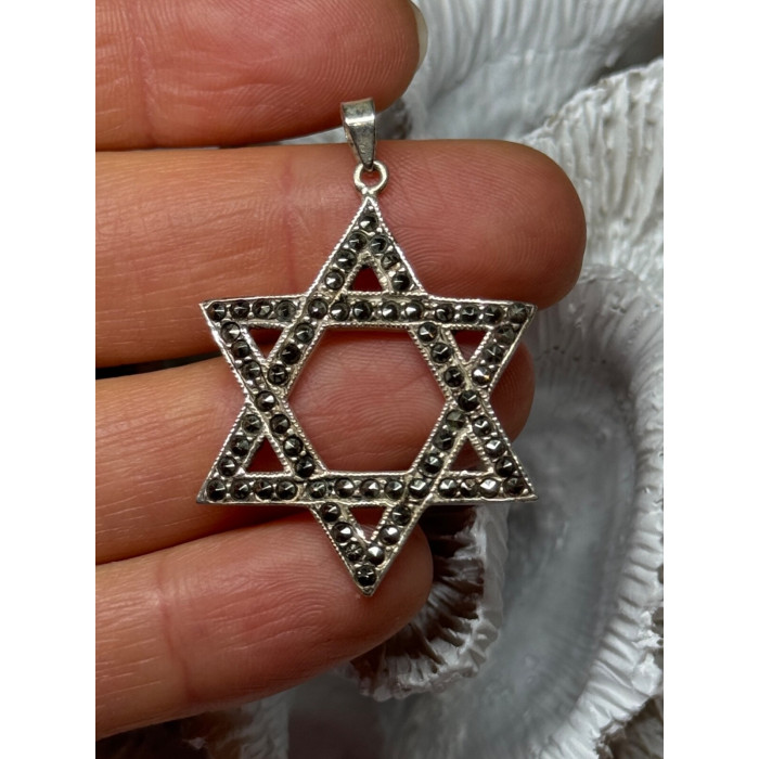 925 Sterling Silver Marcasite Star Of David Pendant Length 1.8 Inch