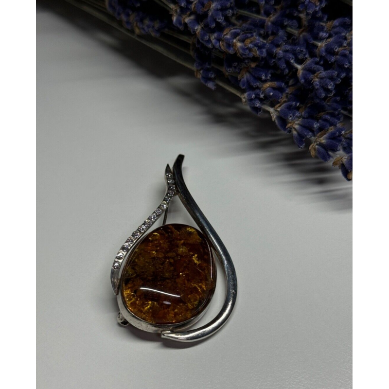 925 Sterling Silver Amber & CZ Brooch