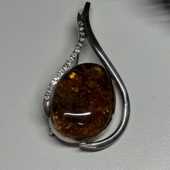 925 Sterling Silver Amber & CZ Brooch