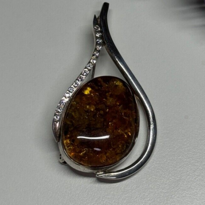925 Sterling Silver Amber & CZ Brooch