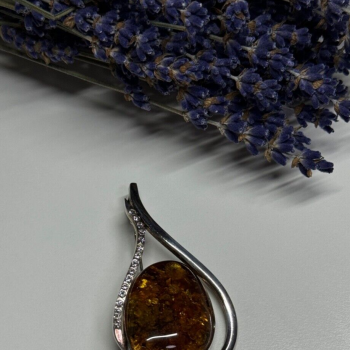 925 Sterling Silver Amber & CZ Brooch