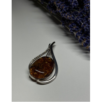 925 Sterling Silver Amber & CZ Brooch